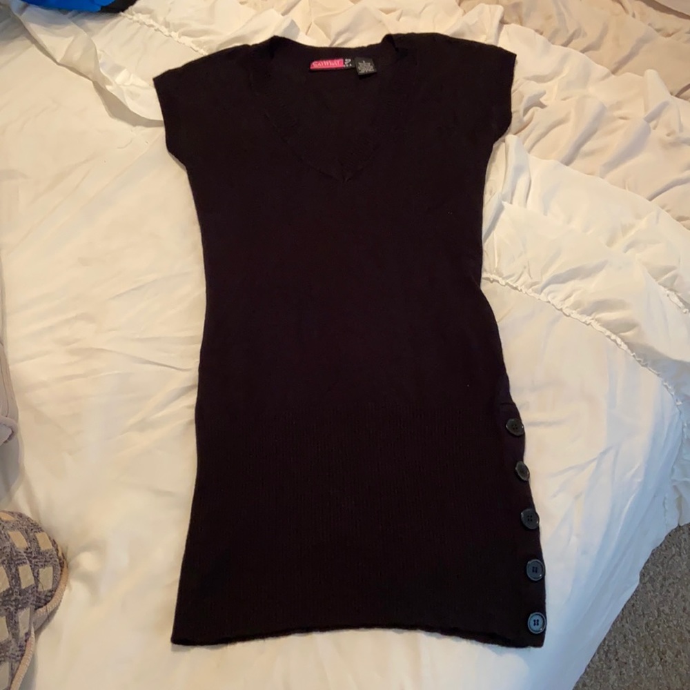 Black sweater dress with button side detail